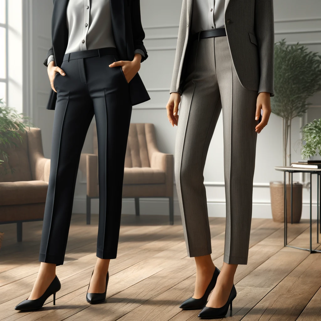 DALL·E 2024-05-01 10.57.06 - A professional and elegant image of a woman in a work setting, wearing dress pants or slacks in a neutral color such as black, grey, or navy blue. The