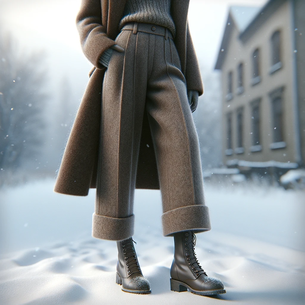 DALL·E 2024-05-01 12.13.13 - A realistic square image of a woman dressed in elegant wool pants, a classic choice for winter. The pants are well-fitted and styled to emphasize both