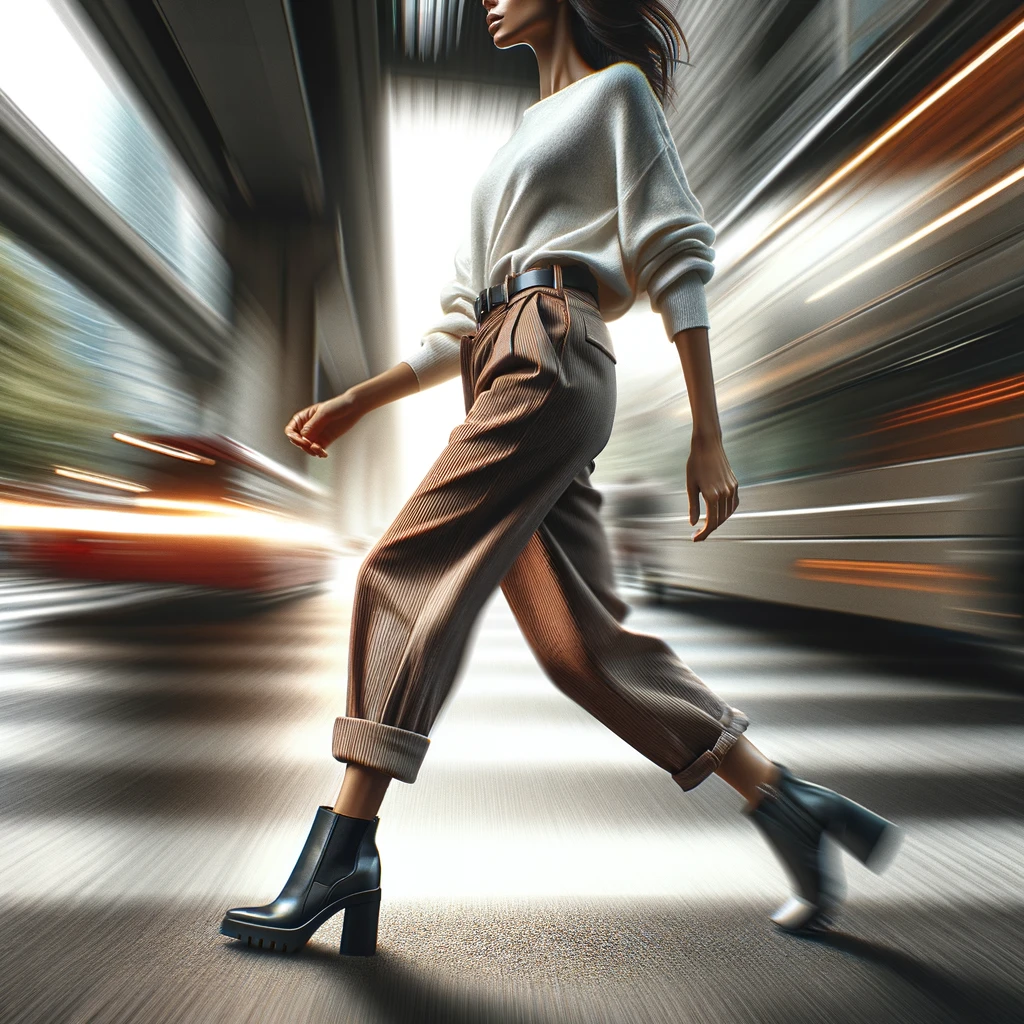 DALL·E 2024-05-02 12.27.26 - A dynamic image of a woman walking confidently, wearing a pair of stylish casual pants. She is depicted in mid-stride, with a blurred motion backgroun