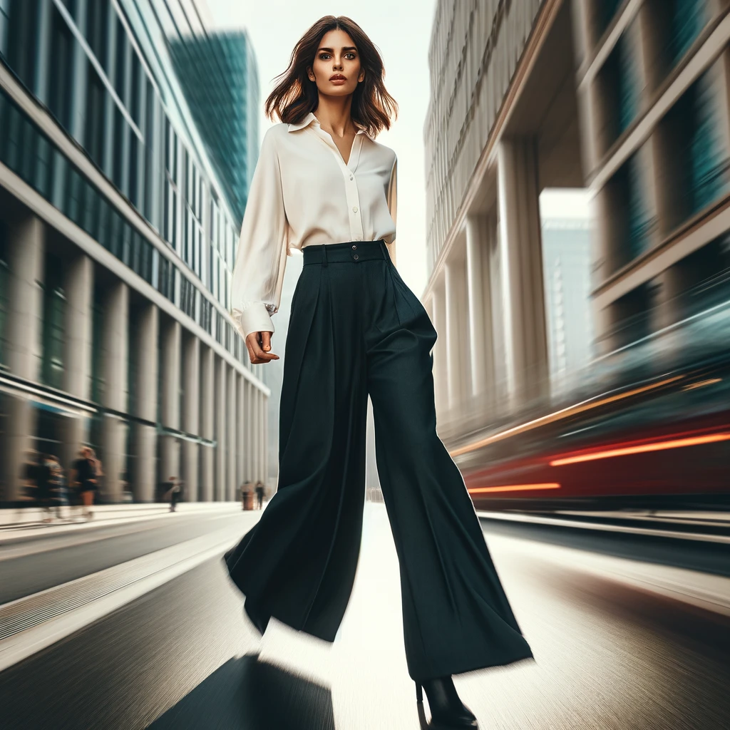 DALL·E 2024-05-02 12.27.30 - A dynamic image of a woman walking confidently, dressed in stylish wide-leg trousers. The woman has medium-length brown hair and is wearing a simple w